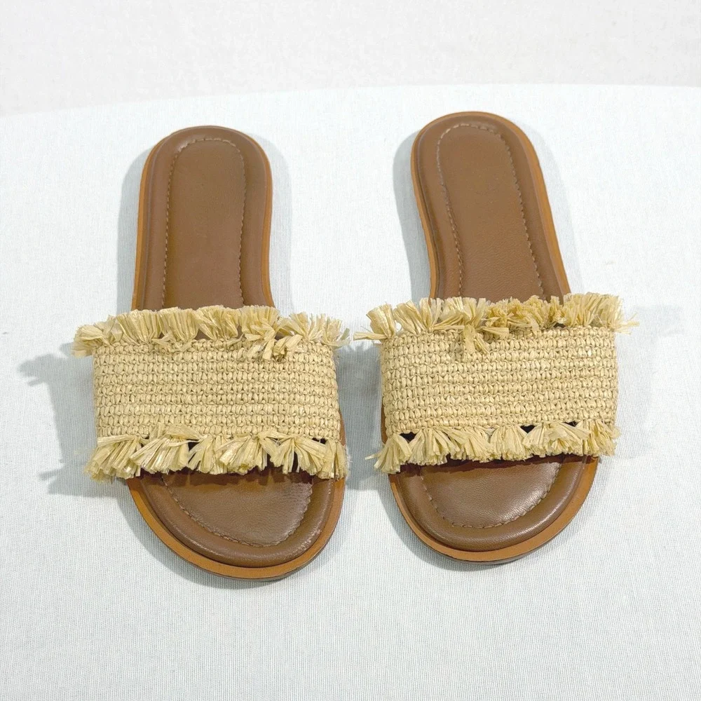 J.Crew Sorrento Raffia Fringe Slide Sandals Tan Brown Leather Size 8‎